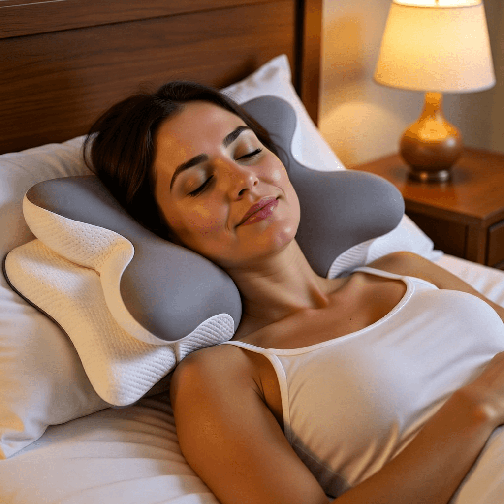 a woman sleeping on a pain relief cervical neck pillow