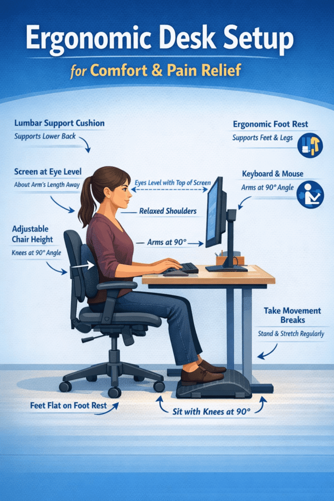 ergonomic desk setup-comfort-pain-relief