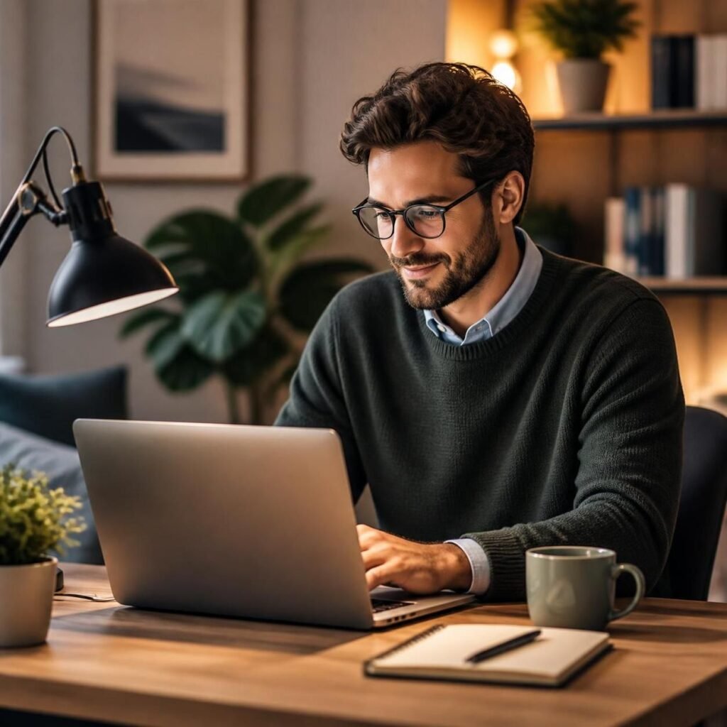 a man working remotely with an under-desk footrest